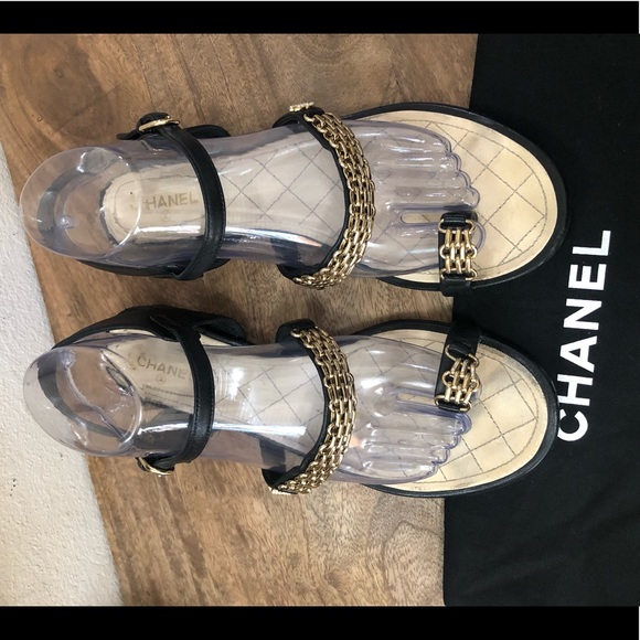 CHANEL Chain Lambskin Black CC Logo Sandals Sz 39 - Picture 4 of 11